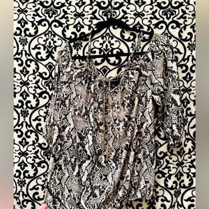 INC snakeskin cold shoulder blouse with gold chain detail.  Size large. EUC